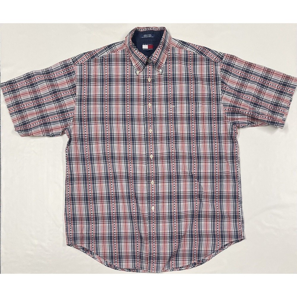 Tommy Hilfiger Men’s Red Blue Stars Plaid Short Sleeve Button Up Shirt Size L